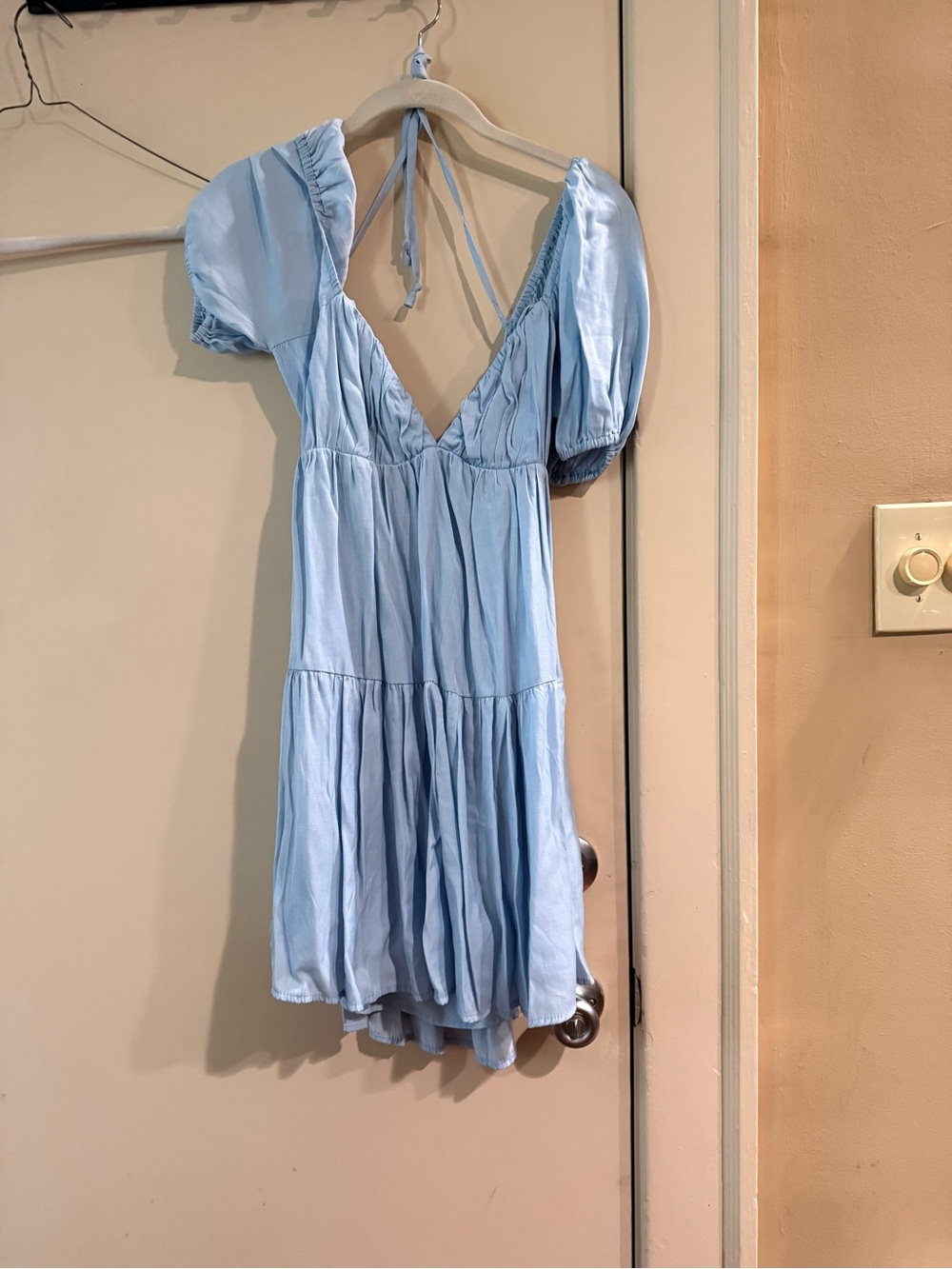 Light Blue Puff Sleeve Sweetheart-neck Dress